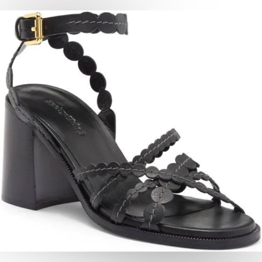 See by Chloe Black Kaddy Scallop Leather Block-Heel Sandals Sz 38.5 or US 8.5 - Picture 2 of 11